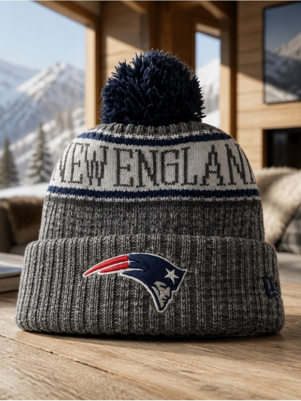 New England Patriots Gray Pom Beanie with Team Logo